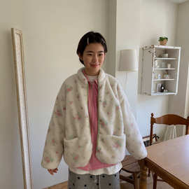 韩国chic冬季两面穿棉服女冬季可爱甜美温柔风小碎花羊羔绒外套潮
