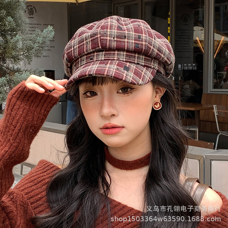 2025新款英伦复古格子八角帽子女春秋季户外休闲显脸小鸭舌画家帽|undefined