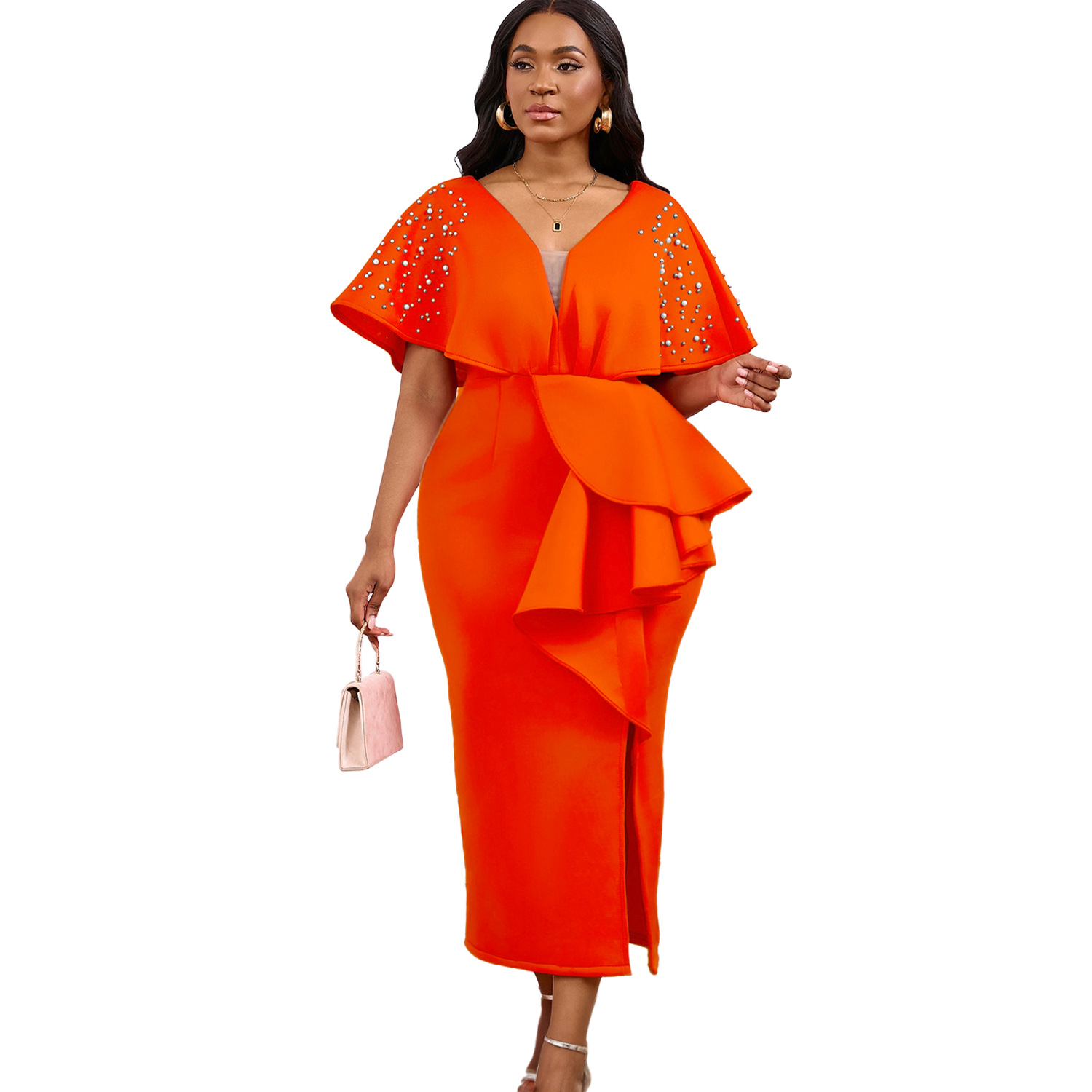 Robe de soirée sexy à col en V et à volants avec fente perlée, robe de banquet de tempérament de célébrité_voghion.com