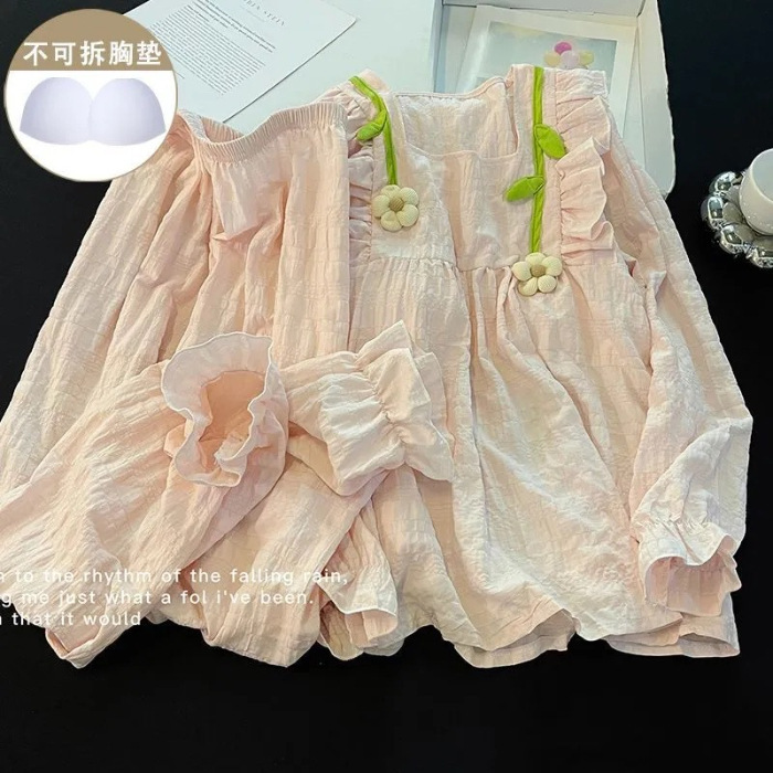 Pijamas de Manga Larga para Otoño e Invierno con Relleno en el Pecho para Mujer, Estilo Coreano 2025, Lindo Traje con Flores Pequeñas, Ropa de Dormir para Estudiantes