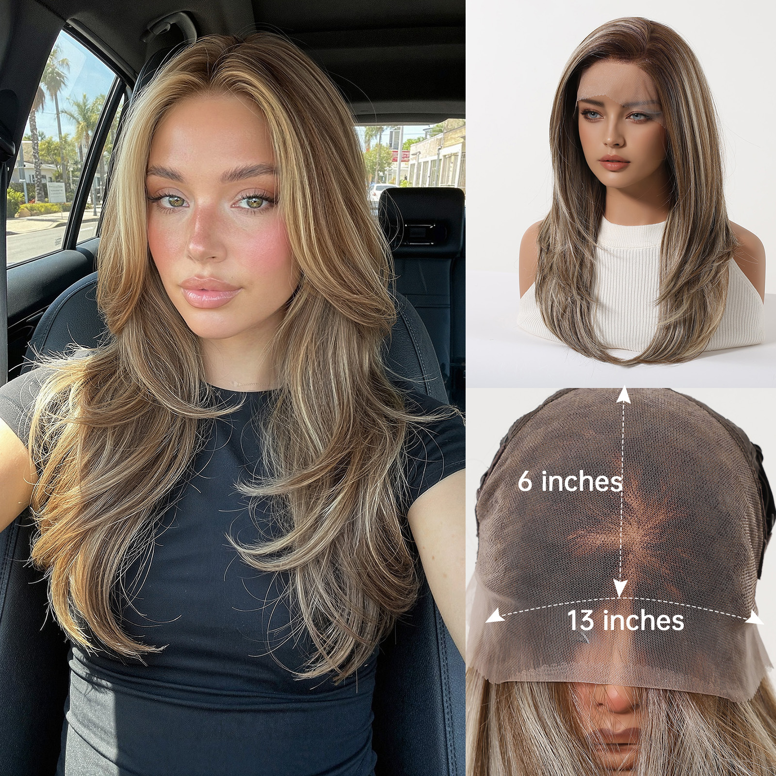Peluca de encaje transfronteriza 13*6HD de gran superficie con raya al medio, cabello largo y liso negro-marrón, peluca de encaje completa de moda.