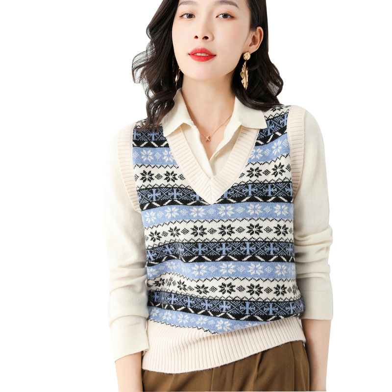 Lana mezclada 2024 primavera nueva mujer con cuello en V Jacquard Chaleco de punto Chaleco Corto suéter suelto chaleco
