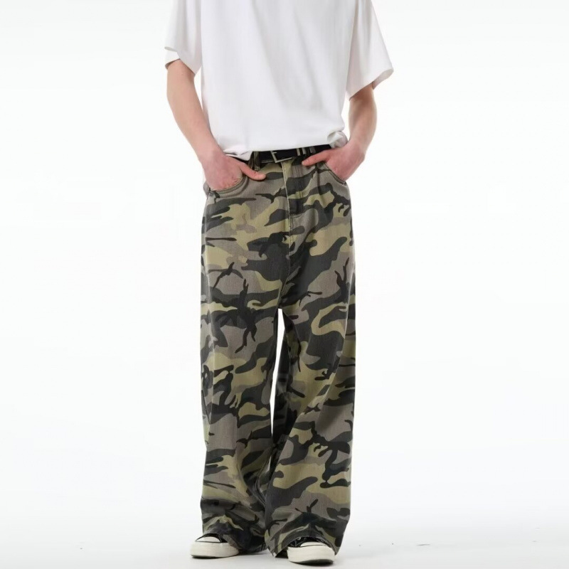 Vintage distressed camouflage jeans men's and women's loose all-match casual all-match straight low crotch wide leg floor trousers