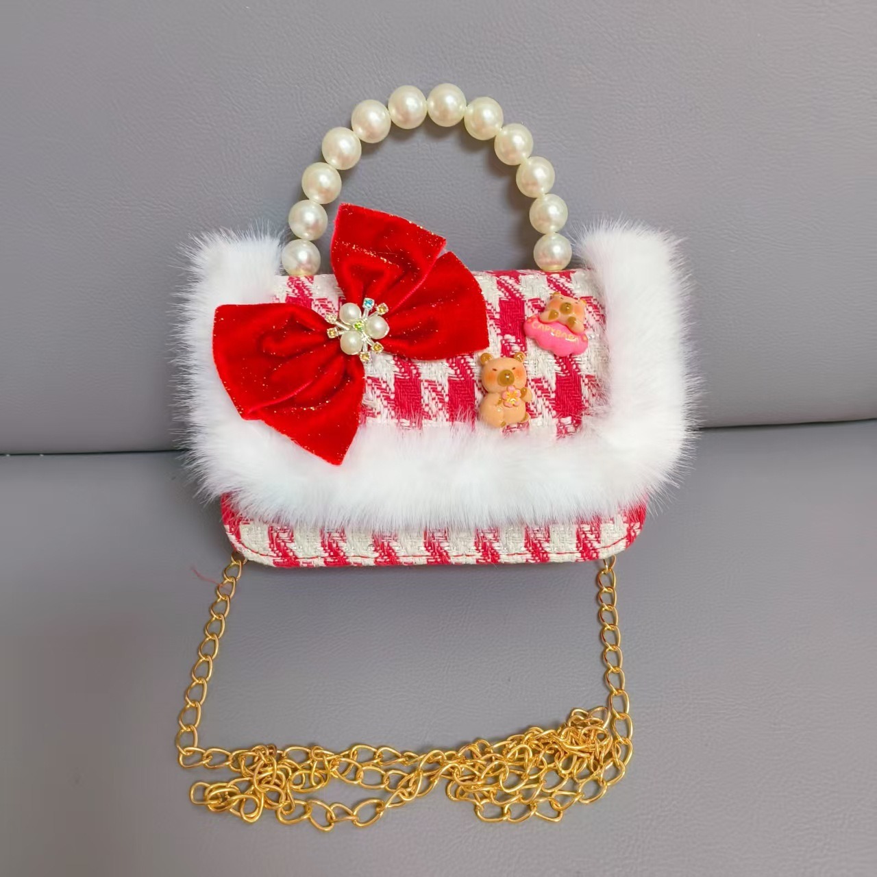 Cartera de Año Nuevo rojo, bolso de perlas, arco de arco, bolso de mano, cadena de viento de fragancia, bolso de hombro pequeño