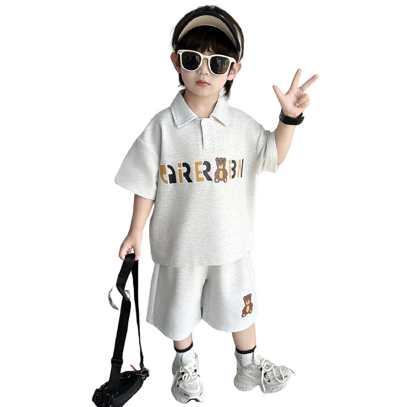 7346 Traje de verano para niños casual de manga corta con cuello POLO 2025 Pantalones cortos de calle fritos para niños Traje de dos piezas para bebés