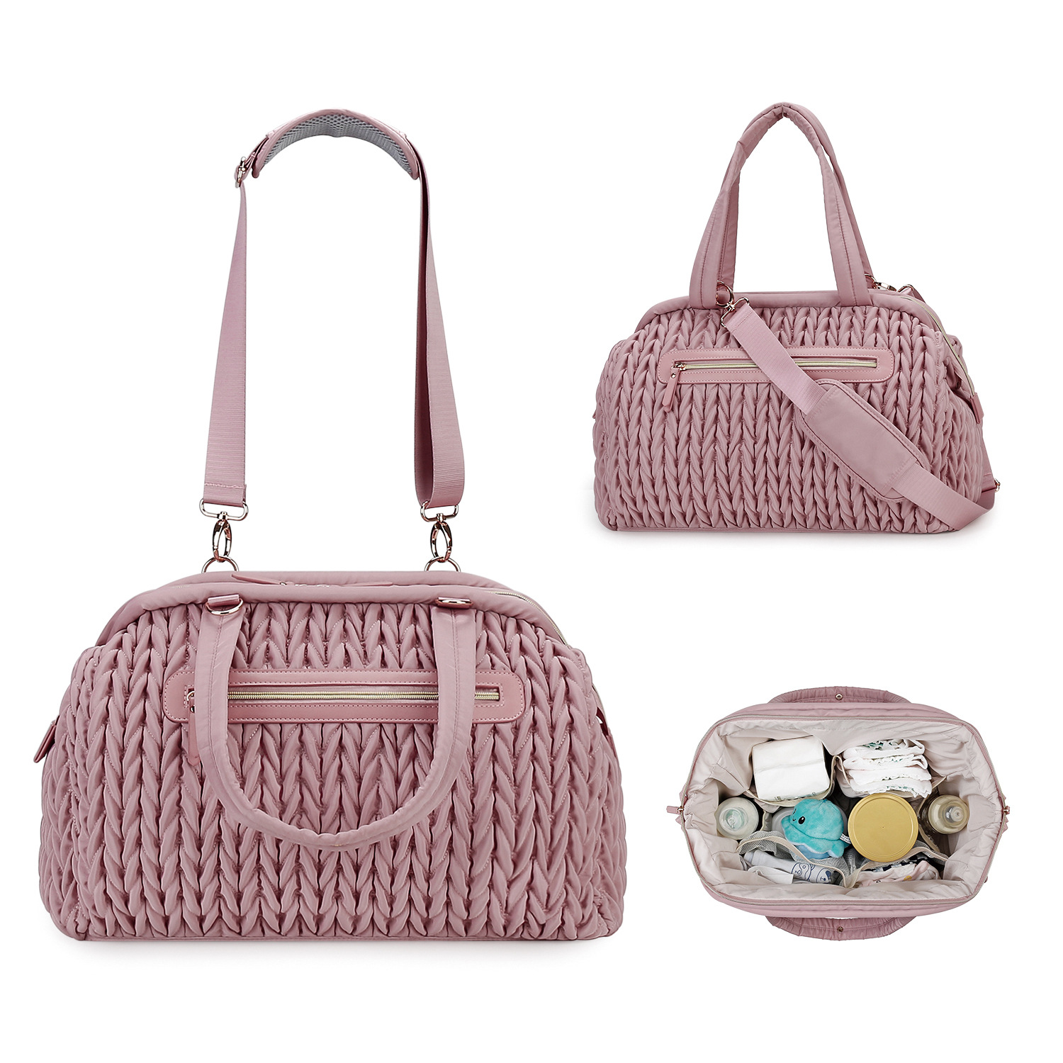 Quilting and Embroidered Twist Craft Mummy Bag Portable Shoulder Bag for Mothers and Babies Large Capacity Waterproof Thermal Insulation Bottle Mother and Baby Bag