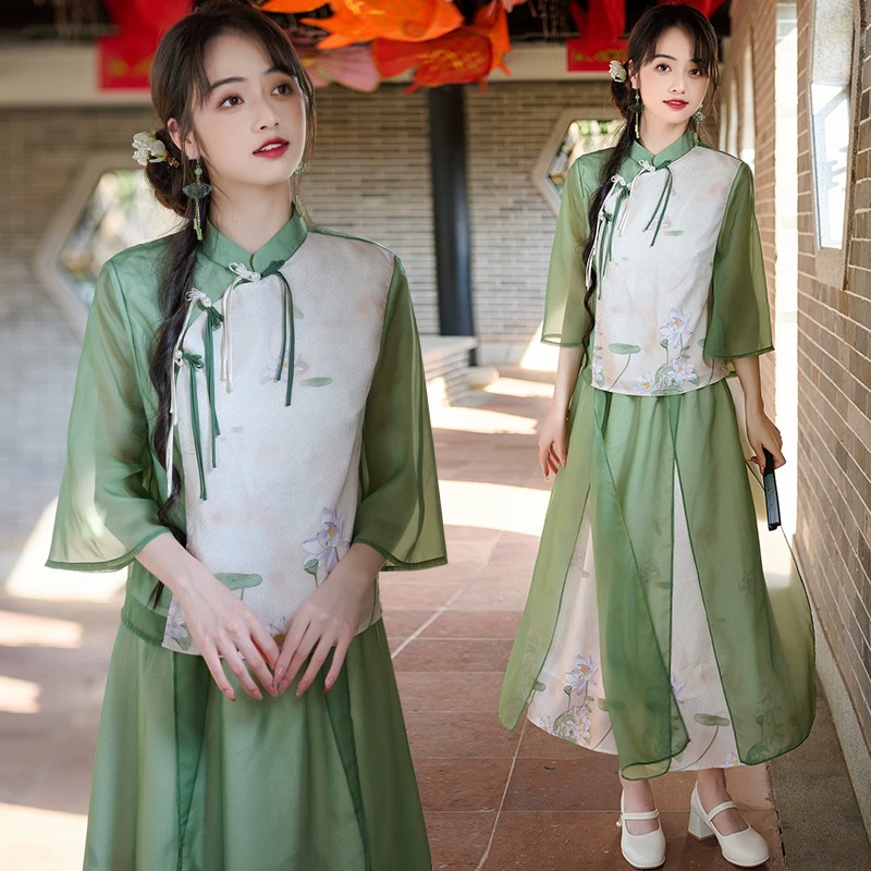 Фактический снимок нового топа с воротником-стойкой Hanfu в китайском стиле и средним рукавом с принтом и улучшенным юбочным костюмом в китайском стиле.