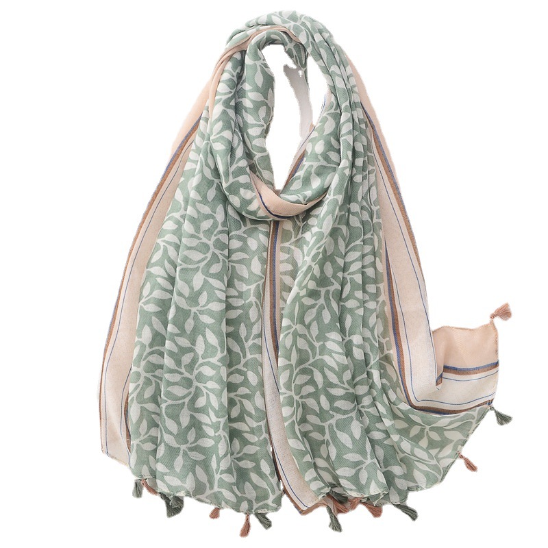 Retro artístico primavera y verano bufanda delgada de las mujeres largo protector solar planta mantón hojas de uva algodón y lino sensación bufanda