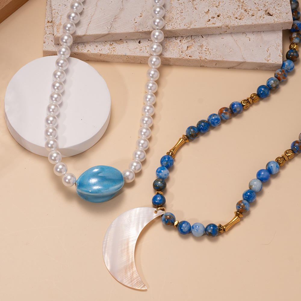 Artificial Pearl, Titanium Steel Material Vacation Classic Style Round Artificial Pearl Titanium Steel Beaded Chain Pendant Necklaces Wholesale