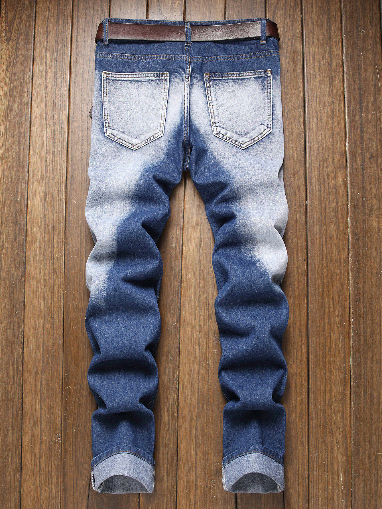 Men's Distressed Retro Straight Leg Jeans Slim Fit Wish Denim Trousers_mkmklike.com