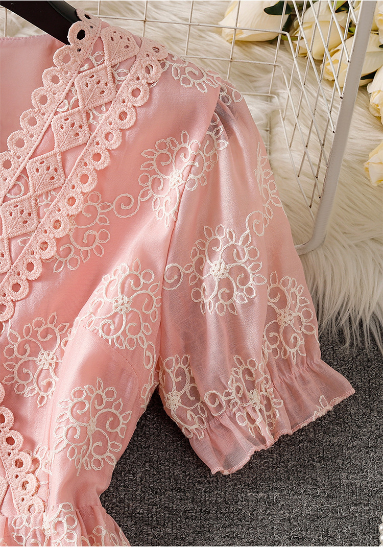 Đầm maxi nữ tay bồng ren hoa V cut-out phong cách Pháp cung đình — xanh lam, màu hồng, màu mơ chi tiết 52