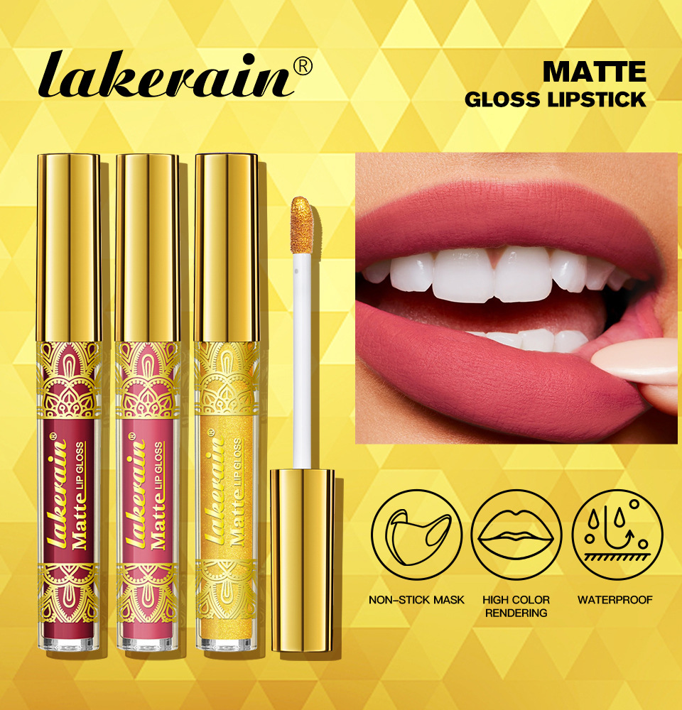 Cross-border lakerain Gold Lip gloss Matte non-Stick Cup Lip gloss Lipstick Three-piece set Specification drawing