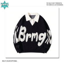 安德烈|原创潮牌翻领假两件男士毛衣美式字母提花针织衫宽松休闲