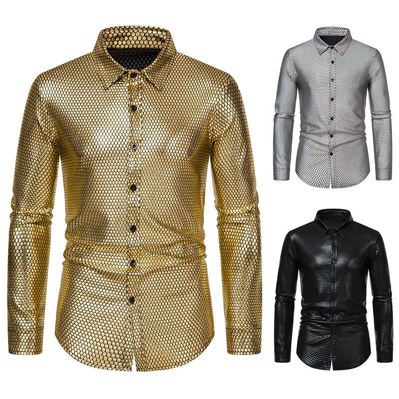 2024 New Foreign Trade European Size Men's 70S Disco Clothing Diamond-Shaped Gold Foil Print Long-Sleeve Button-Down Shirt