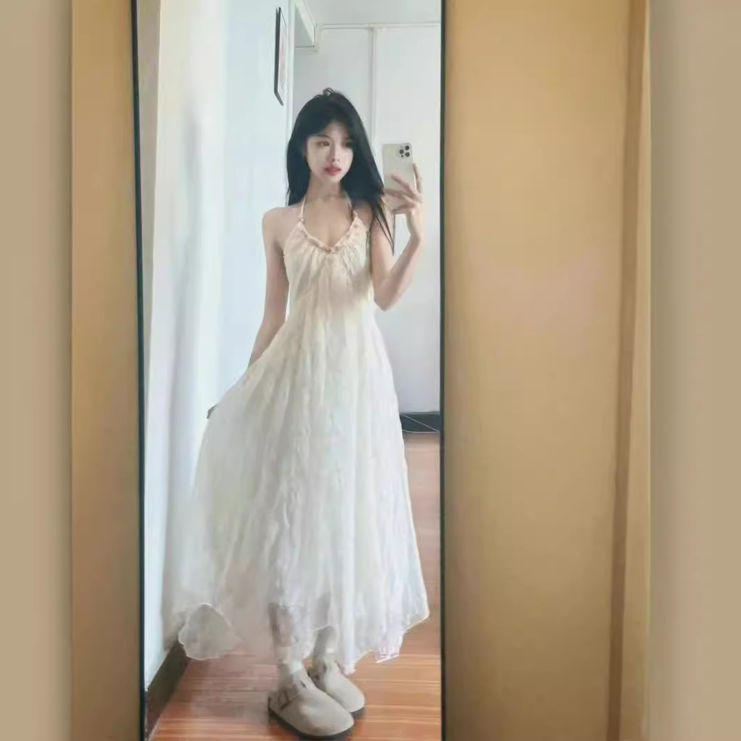 프랑스 스타일 해변 해변 원피스 여름 새로운 순수한 욕망 큰 백리스 목 스트랩 긴 원피스 여성용 스트랩 슈퍼 페어리 원피스