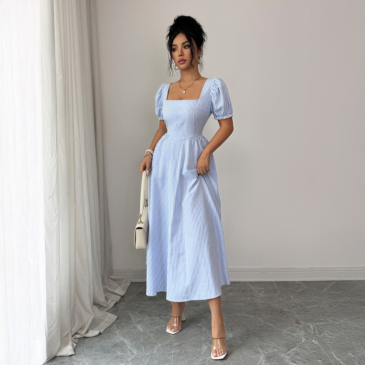 Elegant Blue White Striped Dress Puff Sleeves Women's Spring Summer_ecoleips.com