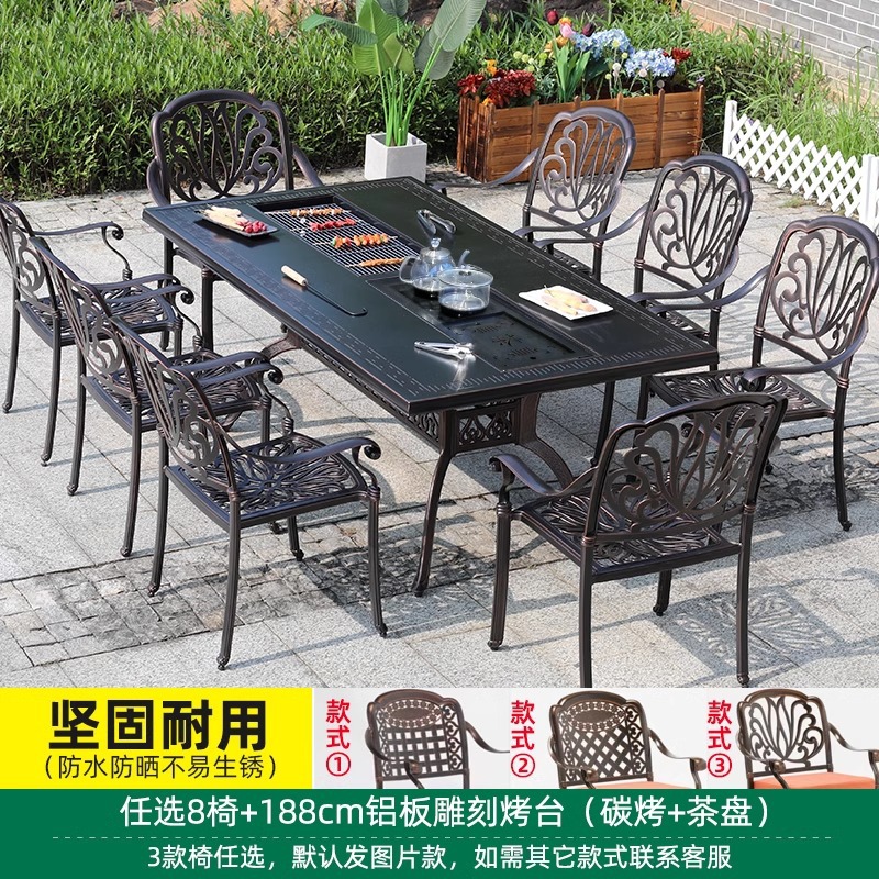 Mesas y sillas de aluminio fundido al aire libre Mesas y sillas de comedor de patio Mesas y sillas de jardín al aire libre Cartera de barbacoa de aleación de aluminio Hoja de ingeniería del hotel