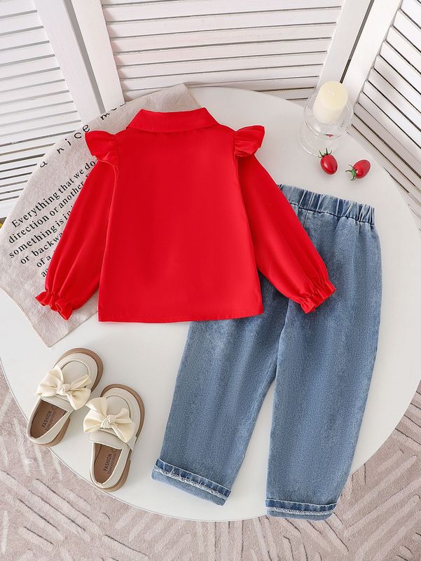 Children's clothing跨境女童套装红色长袖衬衫+牛仔长裤亚马逊|undefined