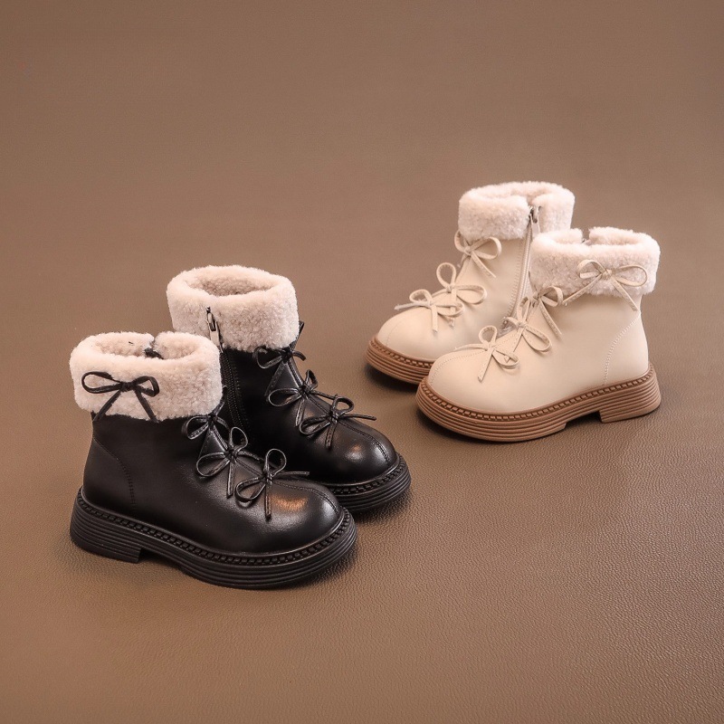 Girls' Martin Short Boots Children's Double-Layer Cotton Shoes 2025 Autumn and Winter New Snow Boots with Plush Lining Little Leather Boots Princess