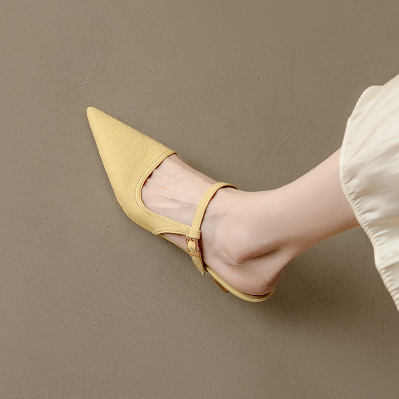 New Niche Design! Korean Ins Milk Yellow Pointed Toe Outer Wear Cat Heel Mule Slippers Genuine Leather Stiletto Toe