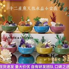 批发天然水晶盆栽十二星座紫黄水晶原石盆景办公家居桌面招财摆件