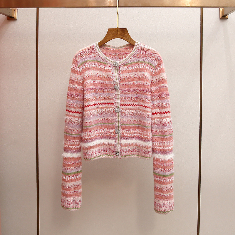 [in Stock] Customizable Shenzhen Nanyou High-End Women's Clothing Spring New Sweet Striped Round-Neck Single-Breasted Knit Sweater