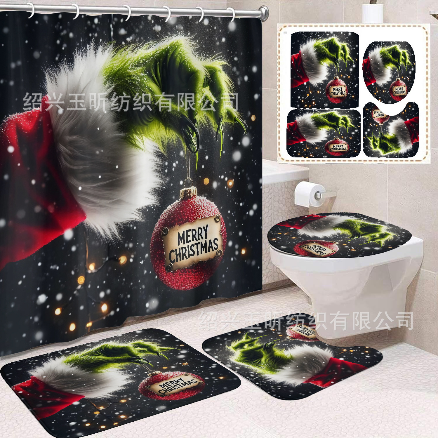 Tela de cortina de ducha transfronteriza, cortina de ducha impermeable, alfombra antideslizante de baño, juego de Grinch 4 de pelo verde al por mayor, sin perforación