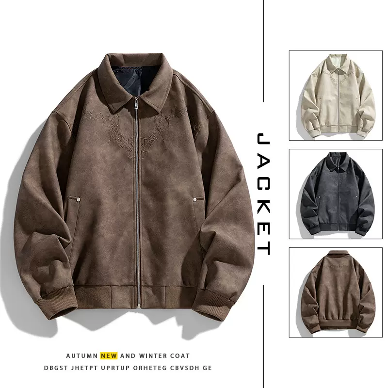 2025春秋PU刺绣皮衣男翻领骑行机车皮夹克男美式复古怀旧轻机车