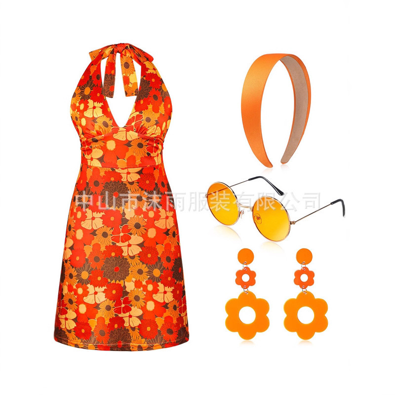 Halloween 2026 Amazon New Hippie Performance Costume Halterneck Printed Dress Retro Style Hip-Hugging Short Skirt