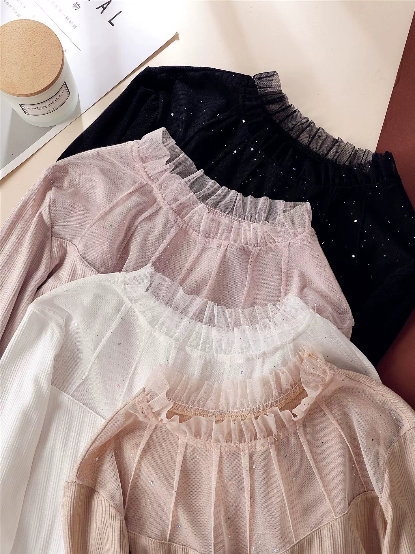 半高领蕾丝打底衫女春秋新款长袖时尚螺纹棉拼接内搭修身上衣小衫