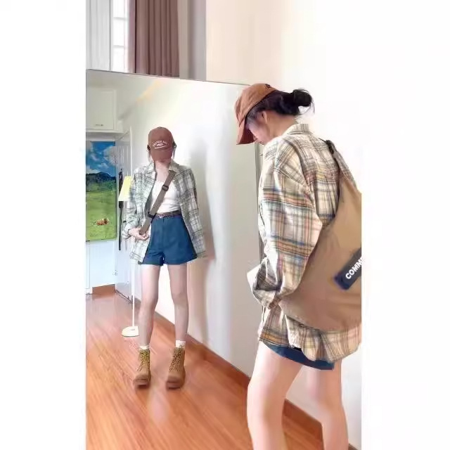 Korean Style Retro Long Sleeve Plaid Shirt Coat Women's 2024 New Summer Niche Loose Shirt Thin Top