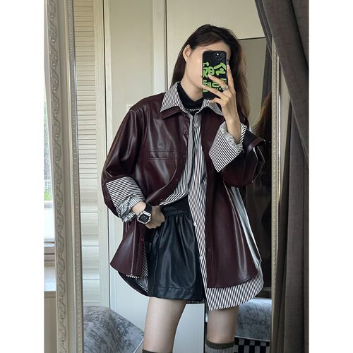 Purple Grape PU Jacket for Women, Spring and Autumn 2025 Fashion Retro Coat, Versatile Matching Shirt