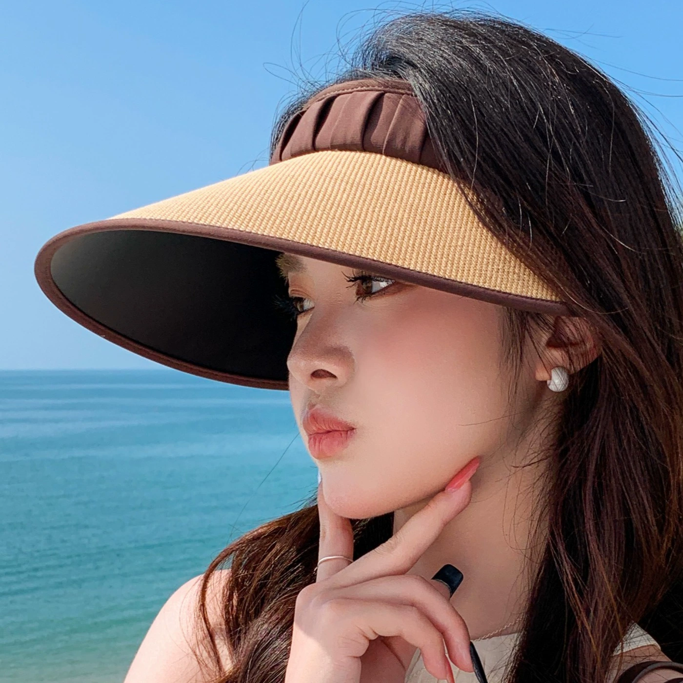 Miss Koi Travel: соломенная шляпа UV-защита, 56-58 см, цвета хаки/черный, хаки кант, бежевый край рис