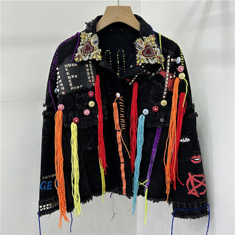 Estación europea 2024 nueva personalidad de bordas pintadas a mano denim chaqueta corta graffiti de la industria pesada de la mujer chaqueta corta con diamantes