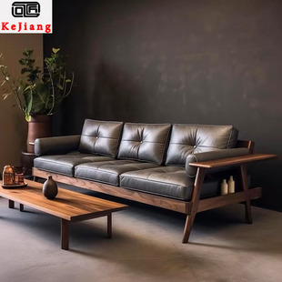 New Chinese Style Walnut Leather Sofa Living Room Mid-Century Style Villa Large and Small Solid Wood Three-Seater Straight Sofa