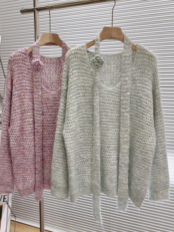 初秋の新しいレイジースパンコールモヘアセーター女性用+ホルターネックルーズスリム薄型中空セータートップ|undefined