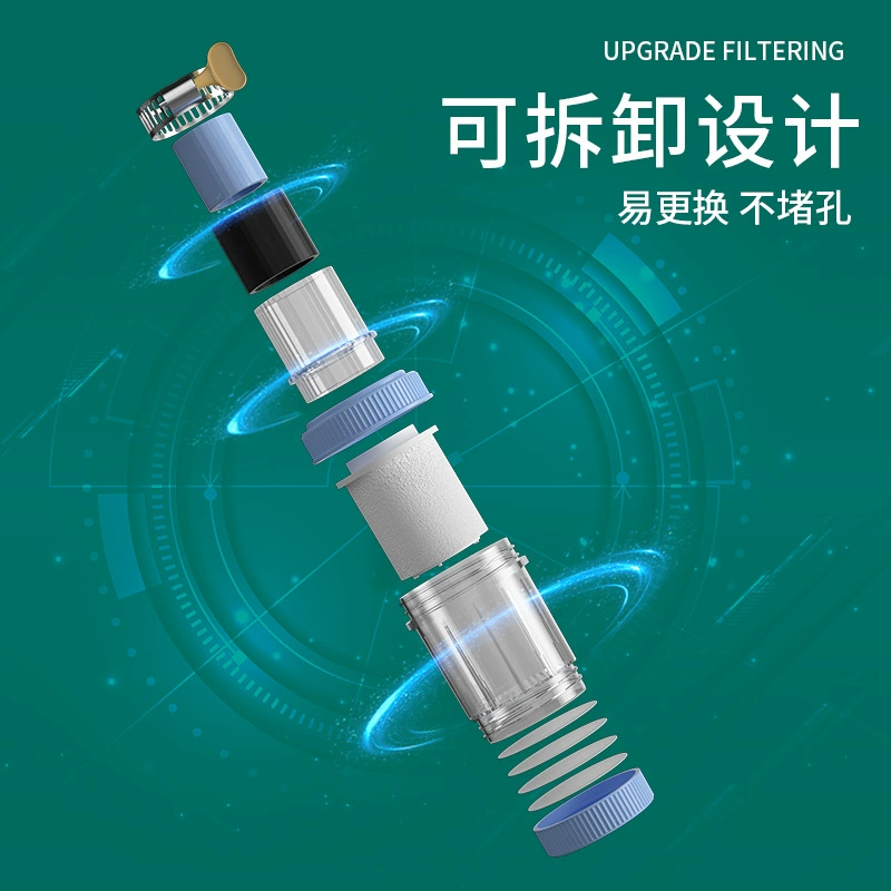 Faucet filter nozzle, universal adapter, removable washable filter element, splashproof