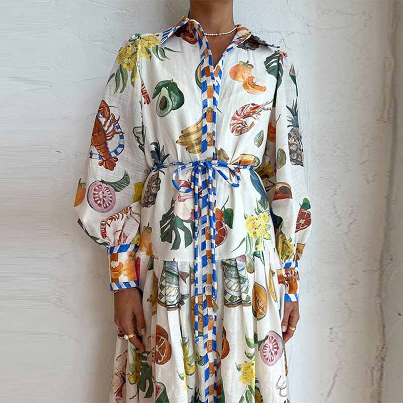 Bishop Sleeve Sleeve Type Polyester Fabric Type High Waist Waist Line Travel Occasion Wholesale Women's Vintage Style Ethnic Style Printing Printing Travel Turndown Long Sleeve Swing Dress