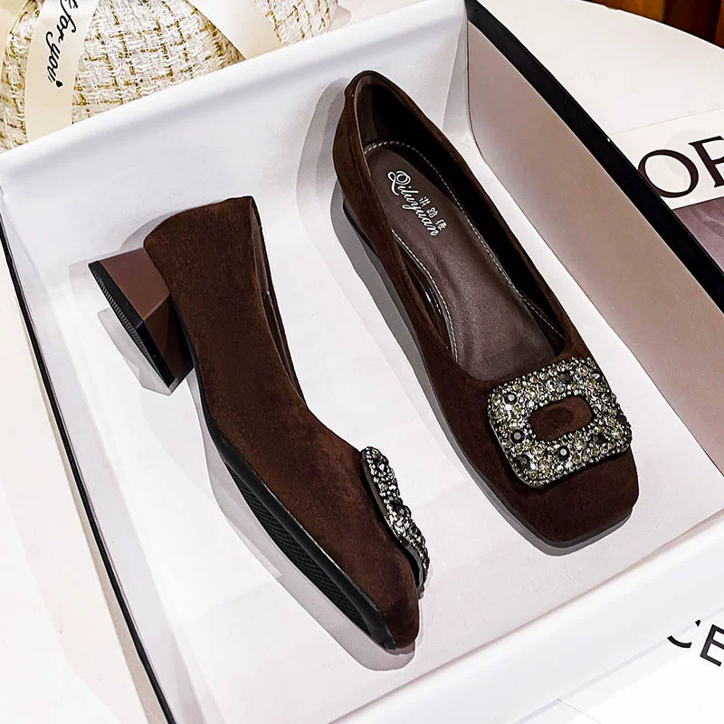 Женские туфли с квадратным носком на низком каблуке, подходят для повседневной носки, новинка весны и осени 2025 года, туфли с неглубоким вырезом и квадратной пряжкой со стразами, удобные туфли на толстом каблуке.