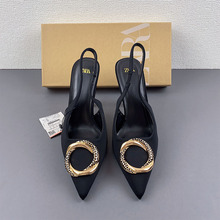 ZA春節新品女鞋黑色裝飾品細節露跟高跟鞋尖頭淺口后絆帶細跟單鞋
