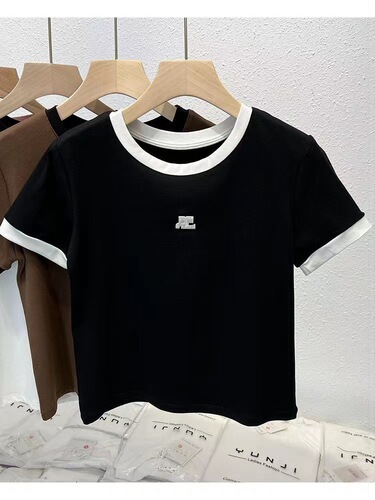 210g 40 pieces 1x1 ribbed cotton (92 cotton 8 spandex) embroidered fashionable women's T-shirt