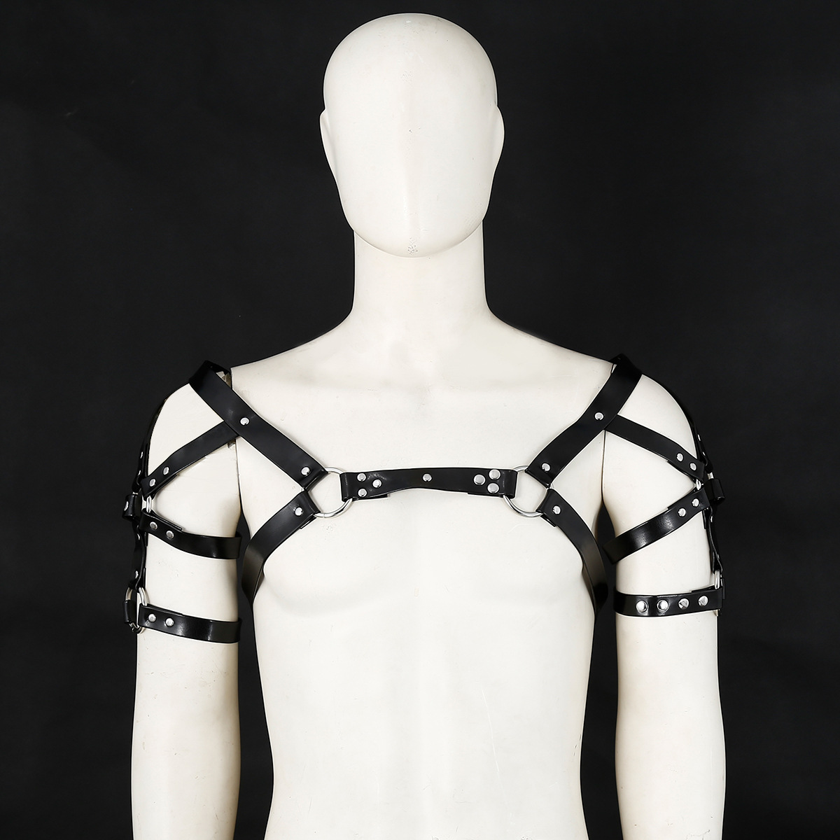 Top de cuero estilo SM para fetiche, atuendo punk de alto rendimiento con correas de cuero, tachuelas, remaches, arnés artesanal con correas para el pecho y correas cruzadas en la espalda. image 6