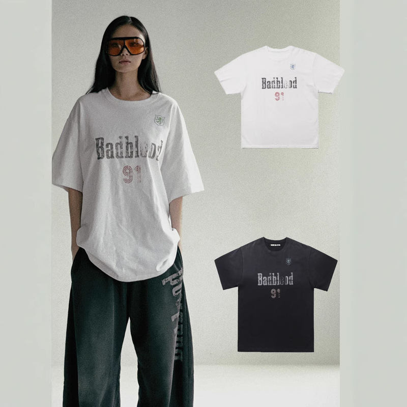 Badblood American Sexy Trendy Brand Letter Logo Washed Distressed Printed T-Shirt Short-Sleeved Loose High Street Elegant