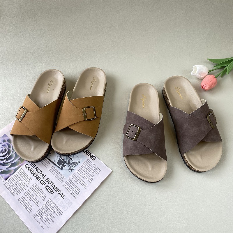 Kork-strandschlappen Für Damen Flache Sandalen Mit Knopf-detail_voghion.com