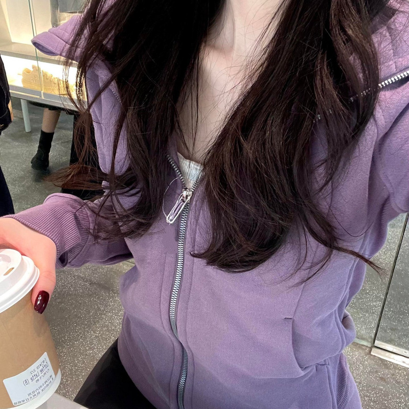 Purple Slim-Fit Regular-Shoulder Sweatshirt Jacket for Women, 2026 New Autumn and Winter Style, Fleece-Lined and Thickened Short Top, Suitable for Layering under a down Jacket