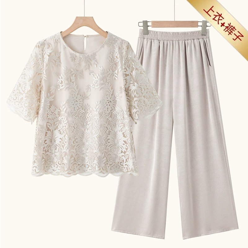 Иностранная мама летняя двухслойная кружевная футболка с короткими рукавами 40-летняя женщина среднего возраста элегантный набор высокого качества