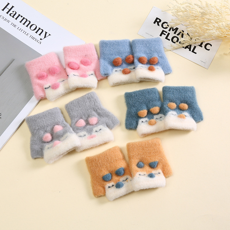 Winter Warm Children's Gloves Cute Cartoon Thickened Gloves for Boys and Girls Woolen Flip Half Finger Gloves Wholesale