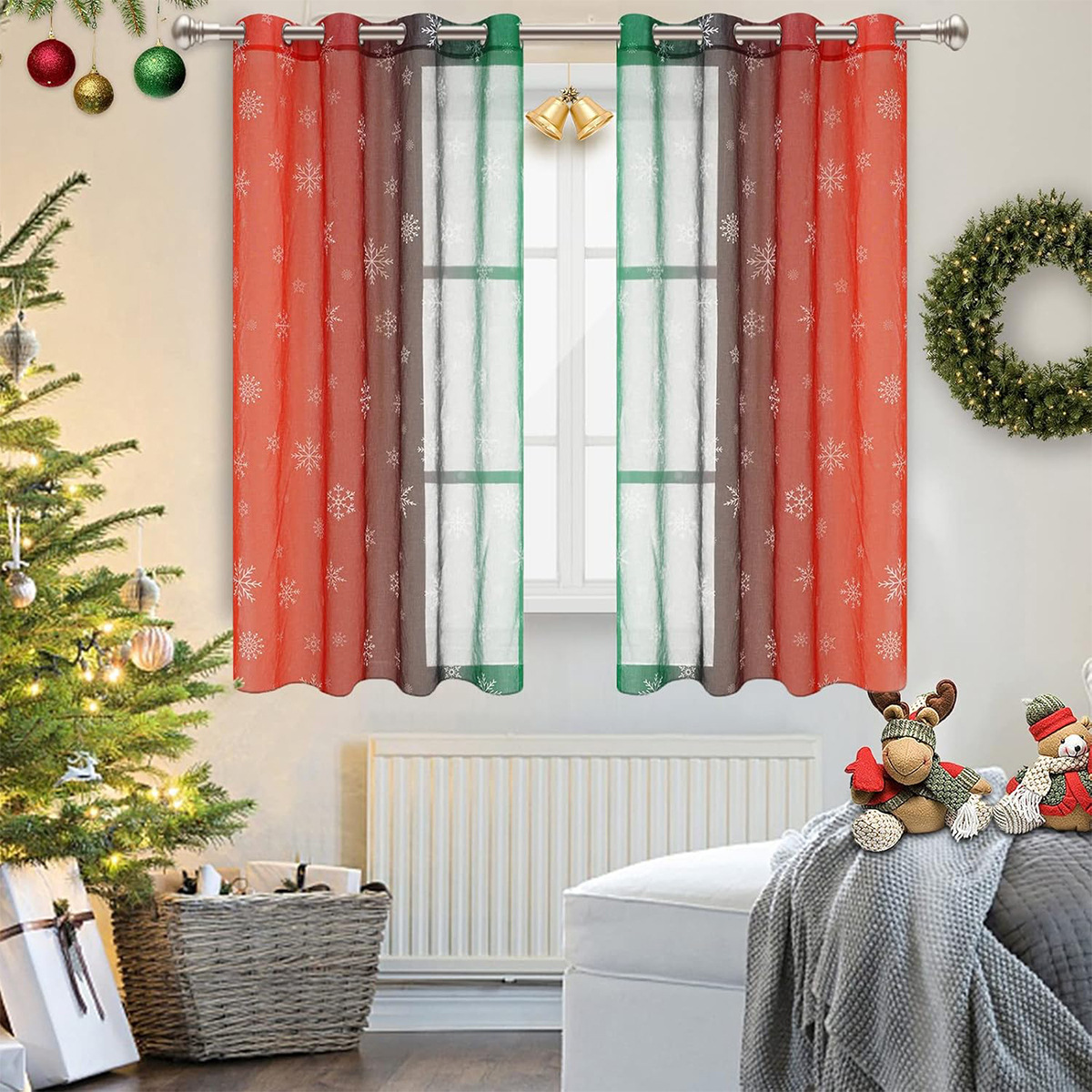 Transfronterizos nuevos copo de nieve de color navideño perforación pantalla de ventana de impresión digital de cortinas TEMU