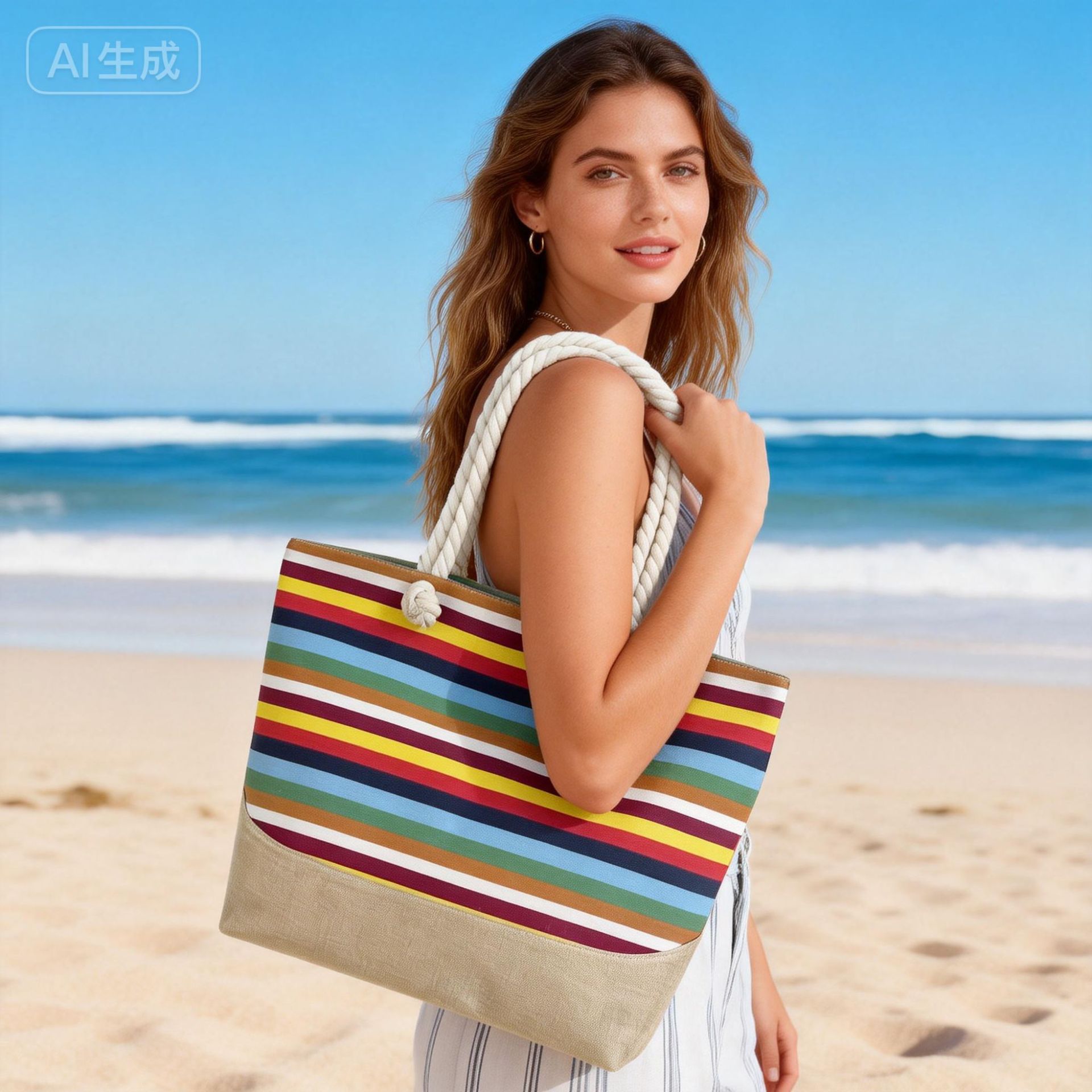 Arco iris rayas de gran capacidad tote bag cordón de cáñamo correa de hombro costera bolsa de compras de vacaciones