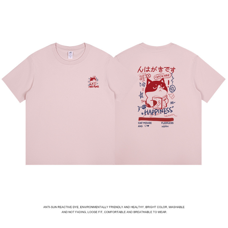 通勤用、普段着に使える、猫プリントの純綿半袖Tシャツ。メンズ、レディース兼用、和風レトロ、新作、ラウンドネック、夏服、トレンドブランド。|undefined